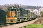 Monongahela Railway, MGA GP38s 2001 - 2003, Morgantown, West Virginia. March 21, 1986. 
